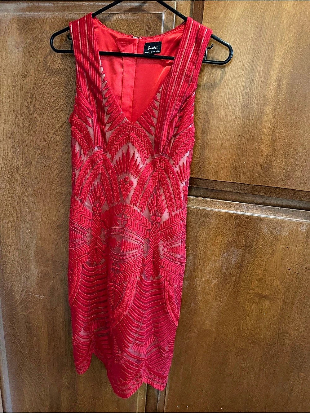 Bardot Embroidered Mesh Dress Red Mini Dress XS